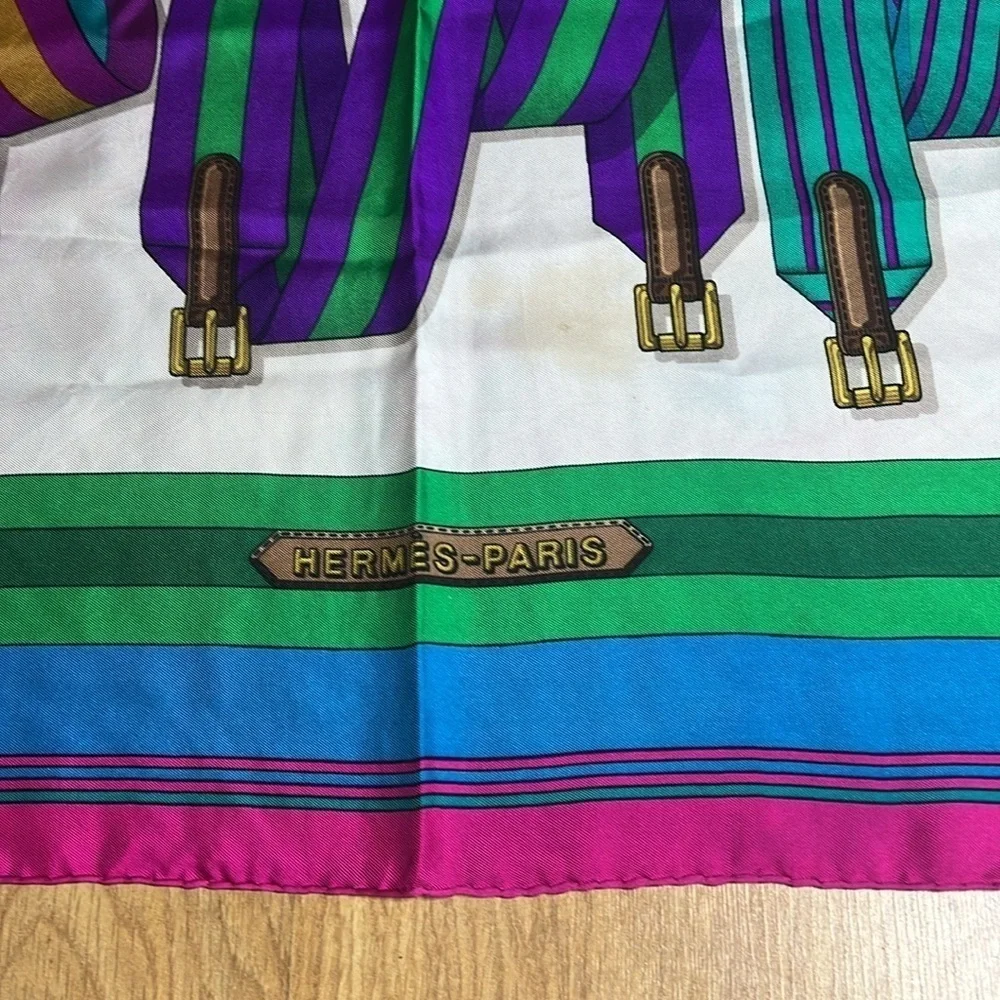 Hermes Vintage J. Metz 90cm 33” J. Les Sangles 100% Silk Scarf w/Bag